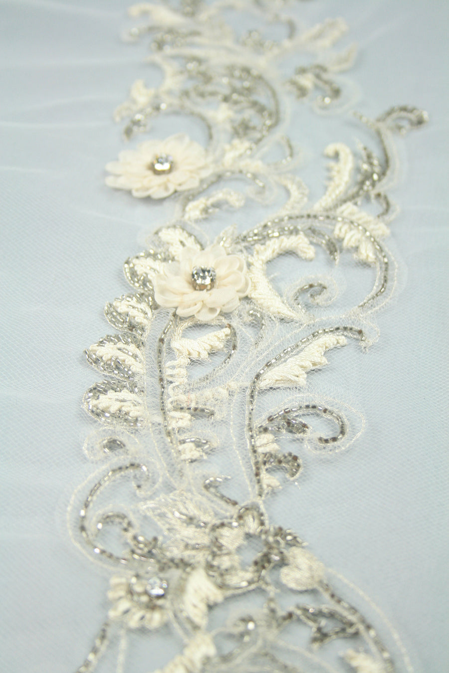 beaded lace trim veil, haute couture fabric, beaded applique bridal lace applique, rhinestone flower applique, hand embroidered fabric.
