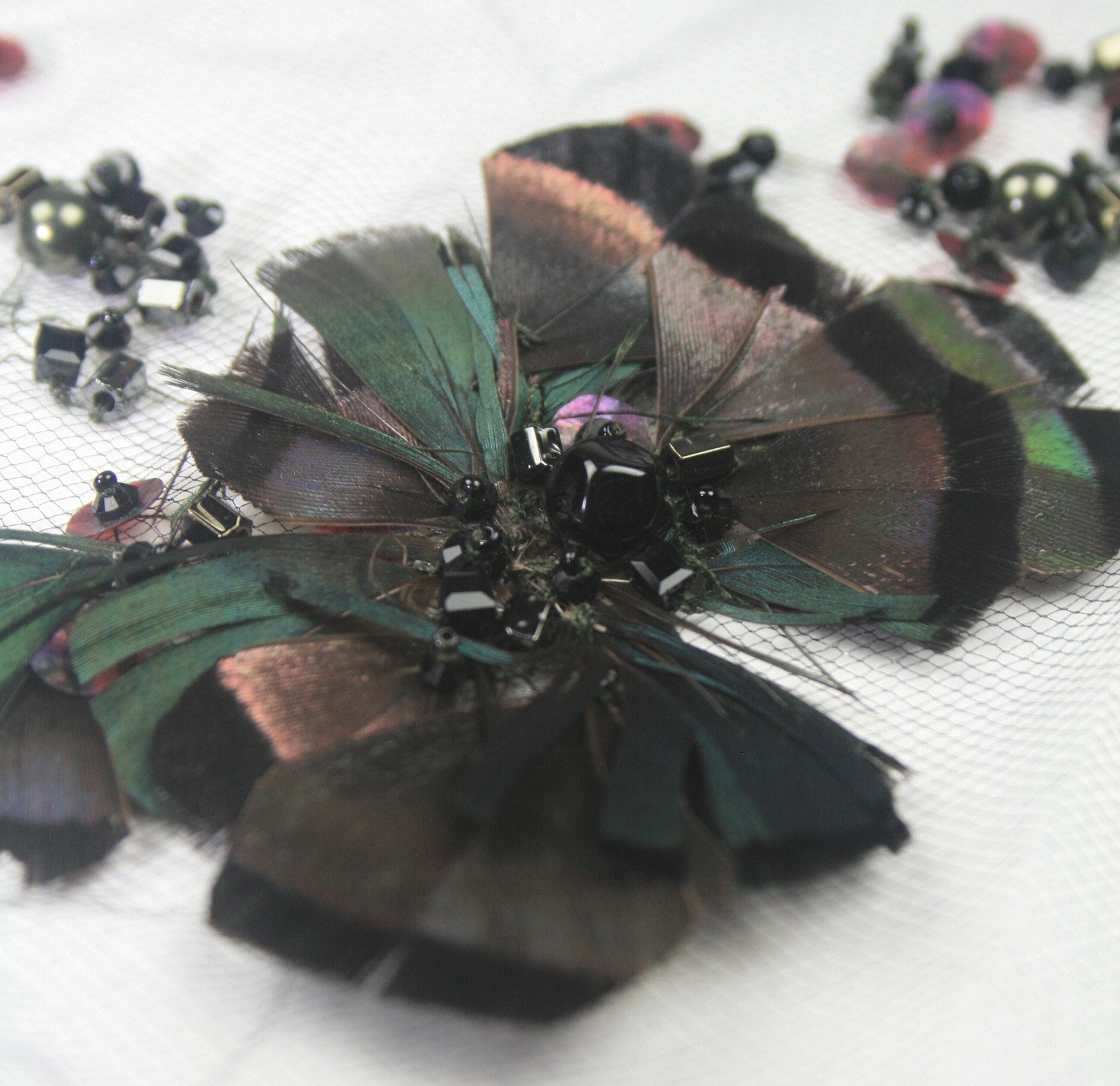 3D Multi Hued Feathers & Beaded Applique