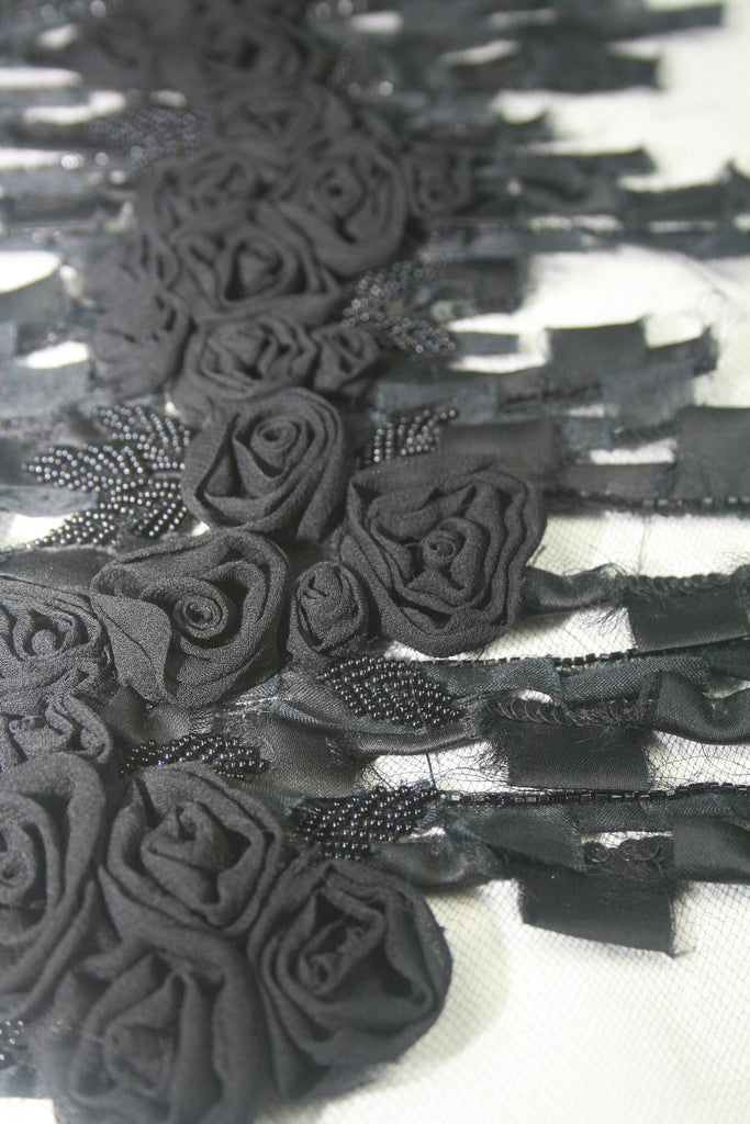 B115 - Black Beaded Chiffon on Black Tulle