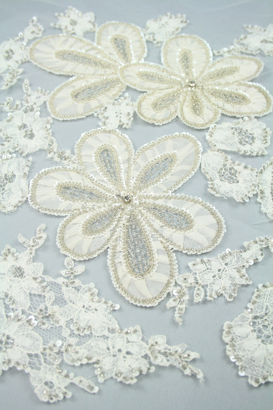 Bridal Beading applique panel used as Beaded Trim, Embroidered Tulle, Beaded Applique,  Beaded Lace, Haute Couture Fabric