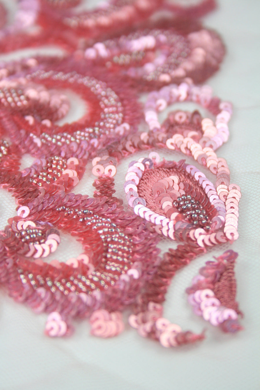 Floral Beaded Tulle ,Pink Matt and shiny hand beaded sequin applique fabric on tulle.