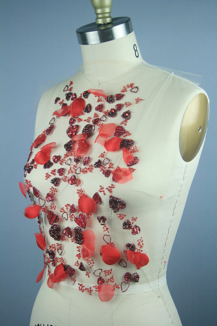 Red Flowers crystal applique for dress, red crystal heart applique design for prom dresses,Petals applique large,hand beaded fabric.