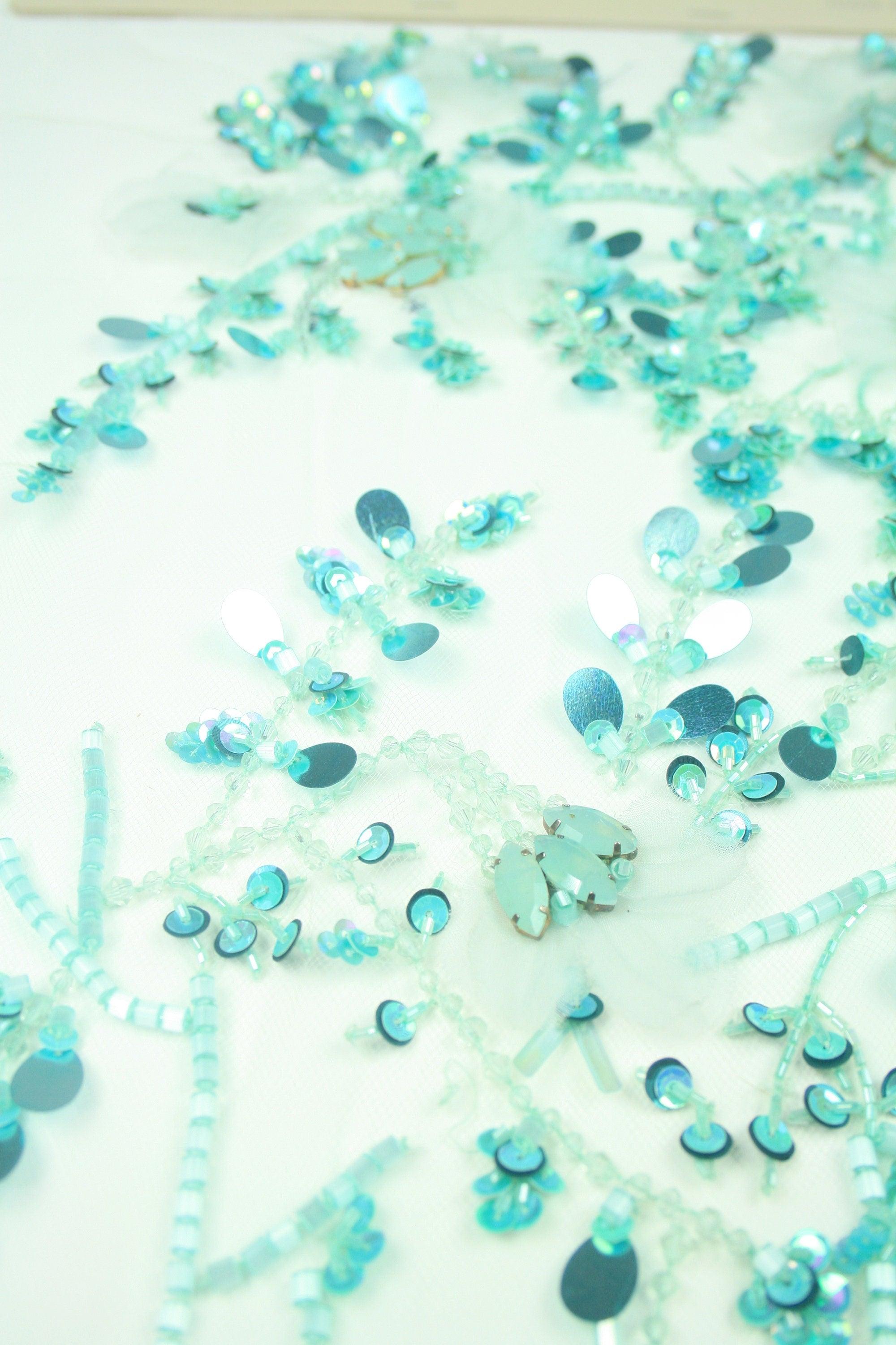 3D Turquoise Silk Floral Beaded Applique - Moda Artisans