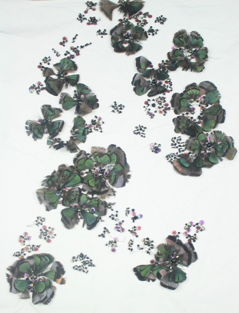 3D Multi Hued Feathers & Beaded Applique