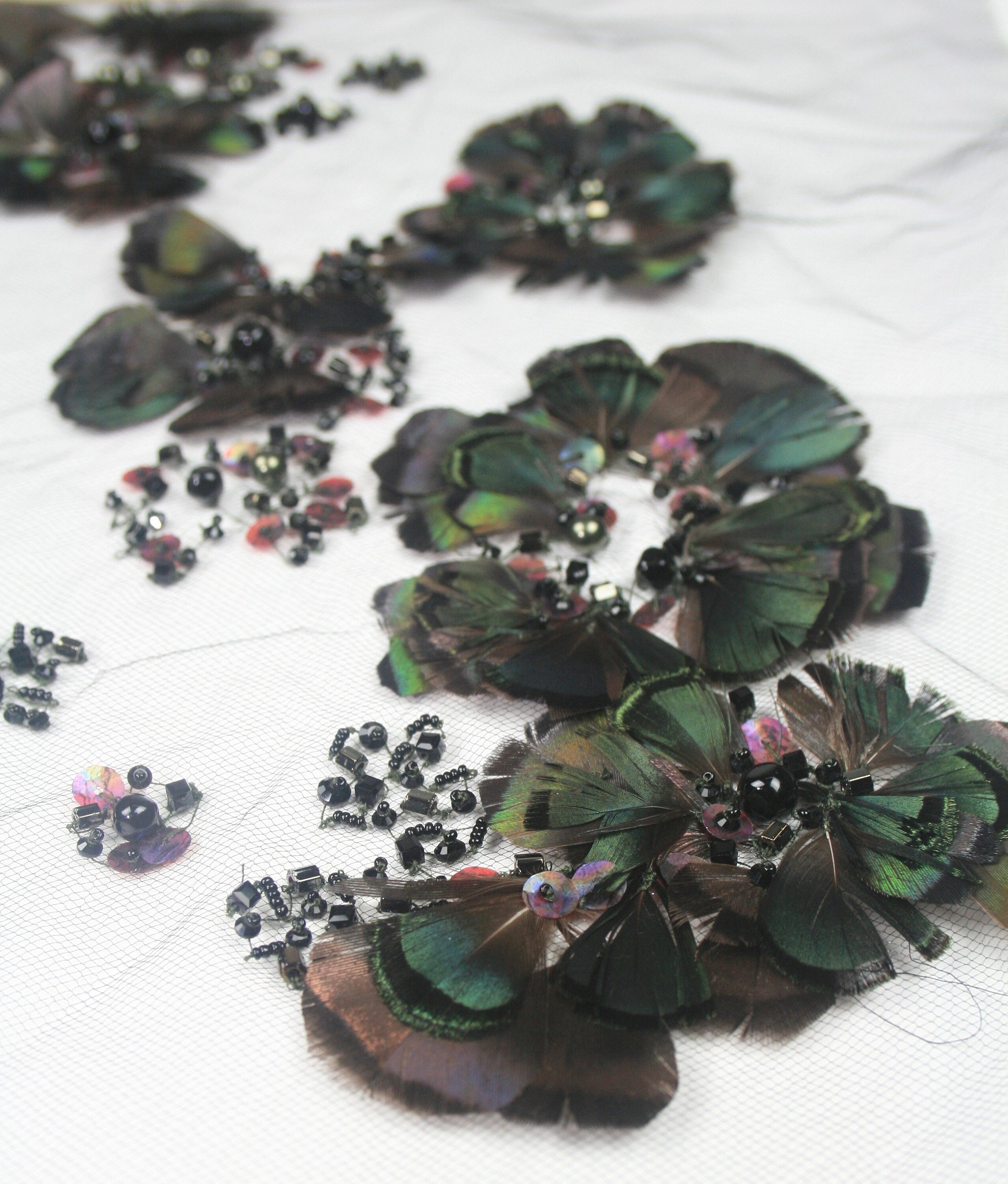 3D Multi Hued Feathers & Beaded Applique