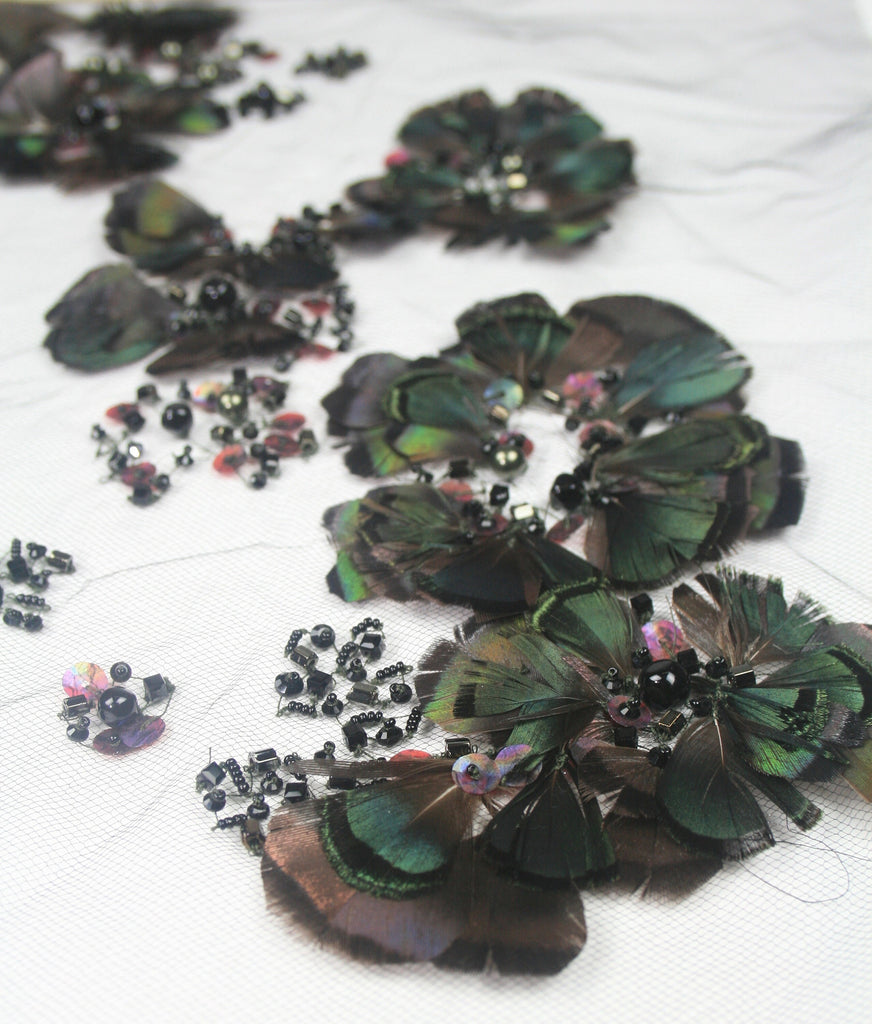 3D Multi Hued Feathers & Beaded Applique