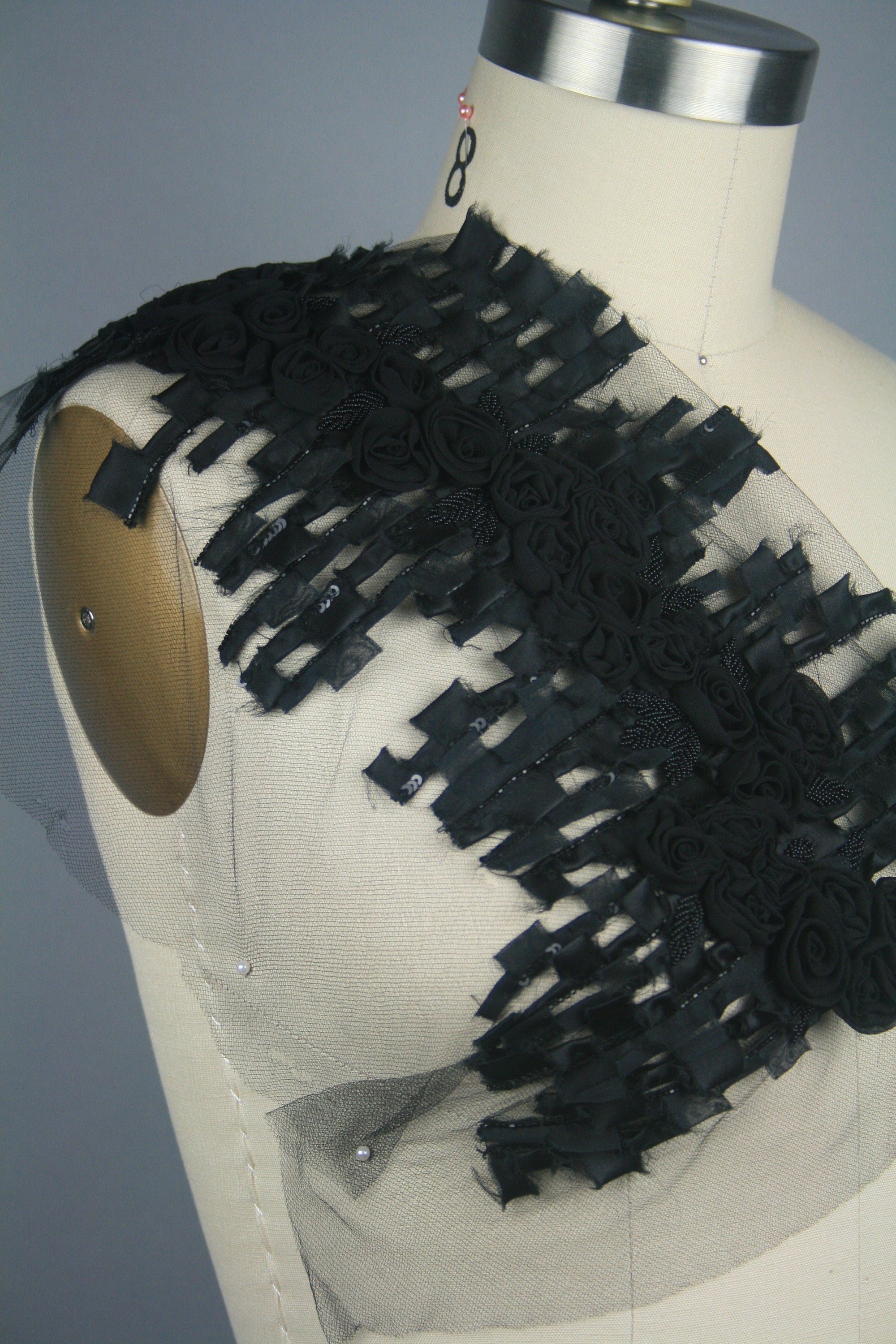 B115 - Black Beaded Chiffon on Black Tulle