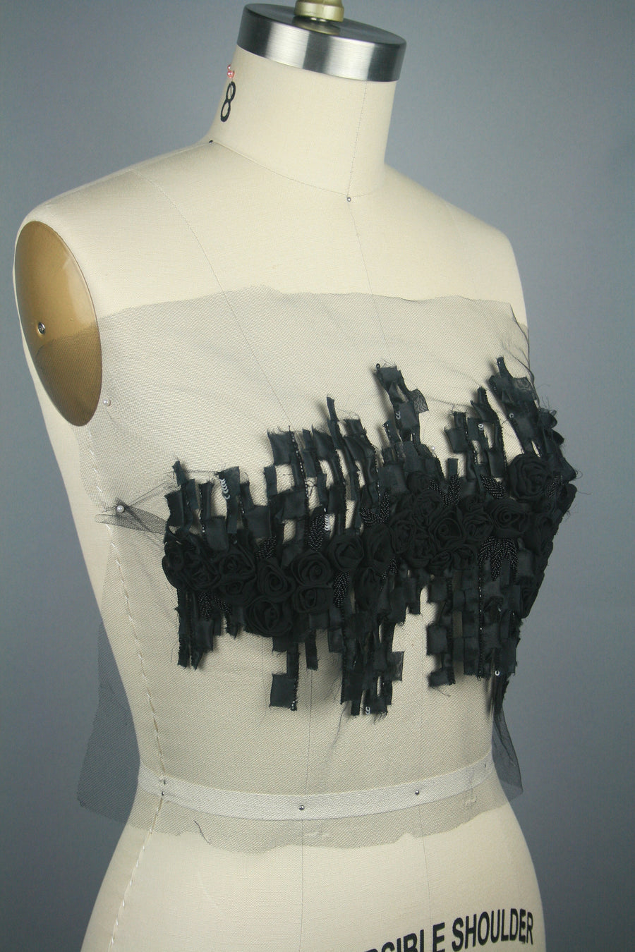 B115 - Black Beaded Chiffon on Black Tulle