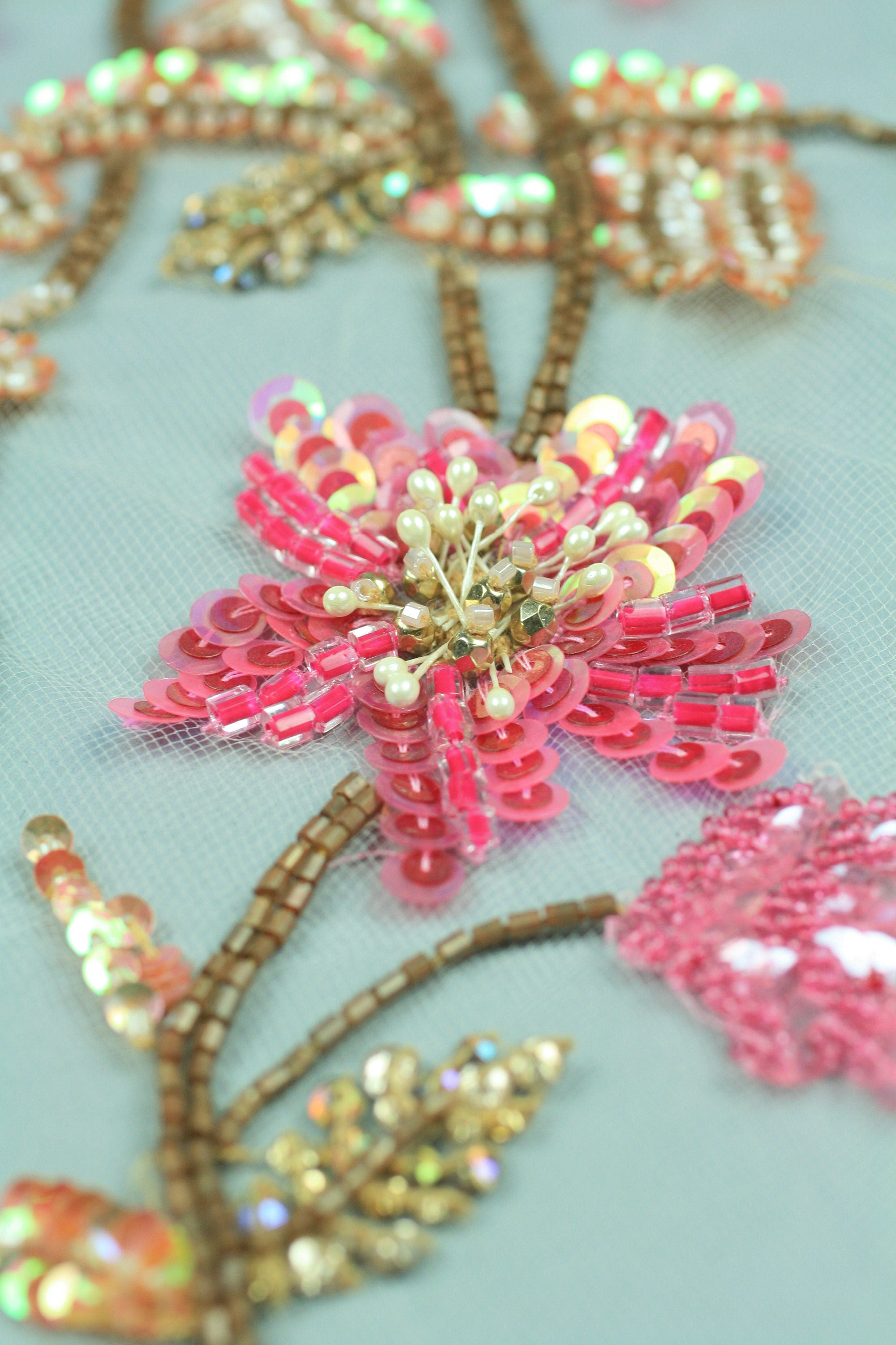 3D Pink & Gold Floral Applique