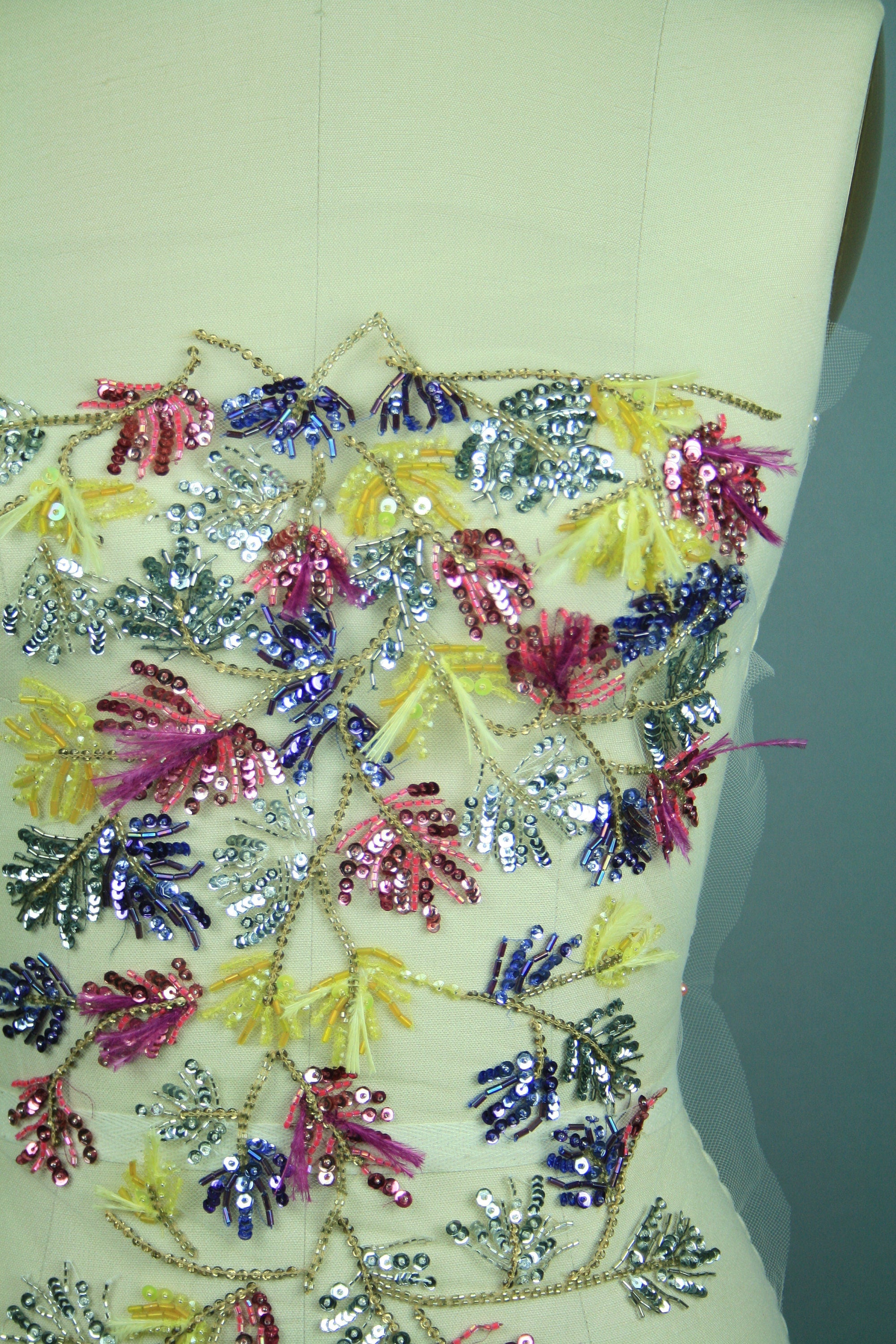 Sequin Lace Fabric, Ostrich Feathers ,Colorful Embroidery,Wedding Dress fabric, Beaded Trim applique, Hand Embroidered Tulle.