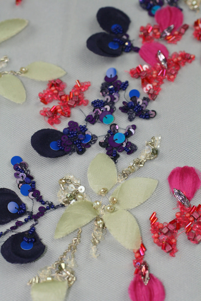 B109 - Fuchsia & Navy Beaded Floral Applique