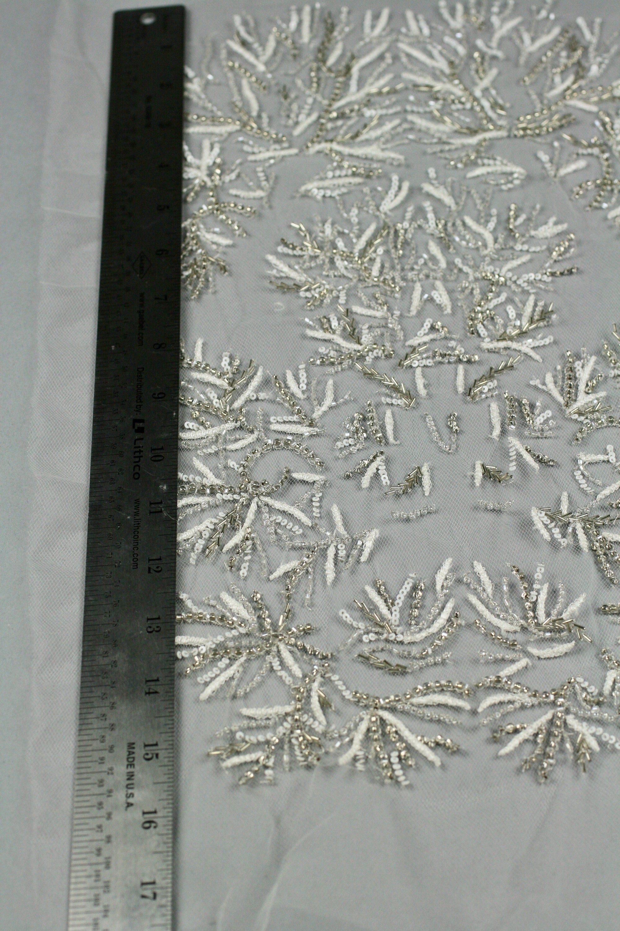 3D White Sequin Silver Beaded Applique