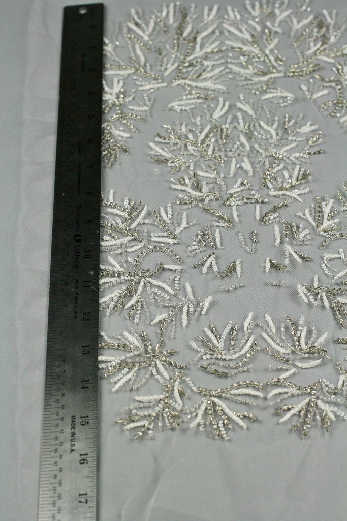 3D White Sequin Silver Beaded Applique