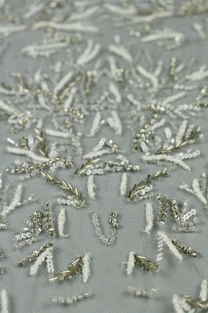 3D White Sequin Silver Beaded Applique