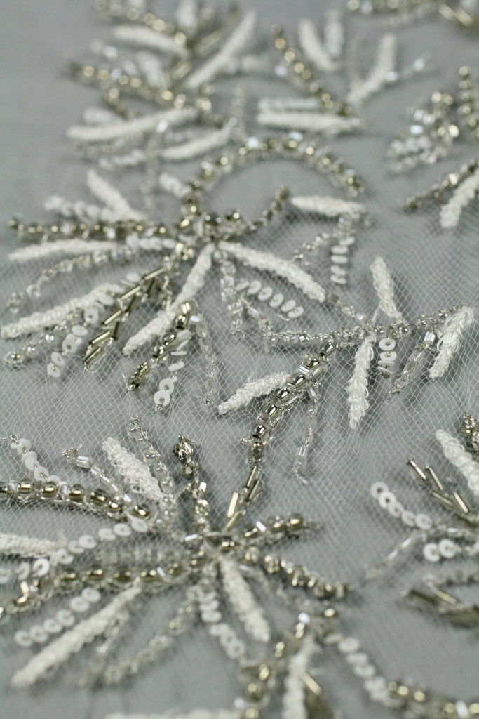 3D White Sequin Silver Beaded Applique