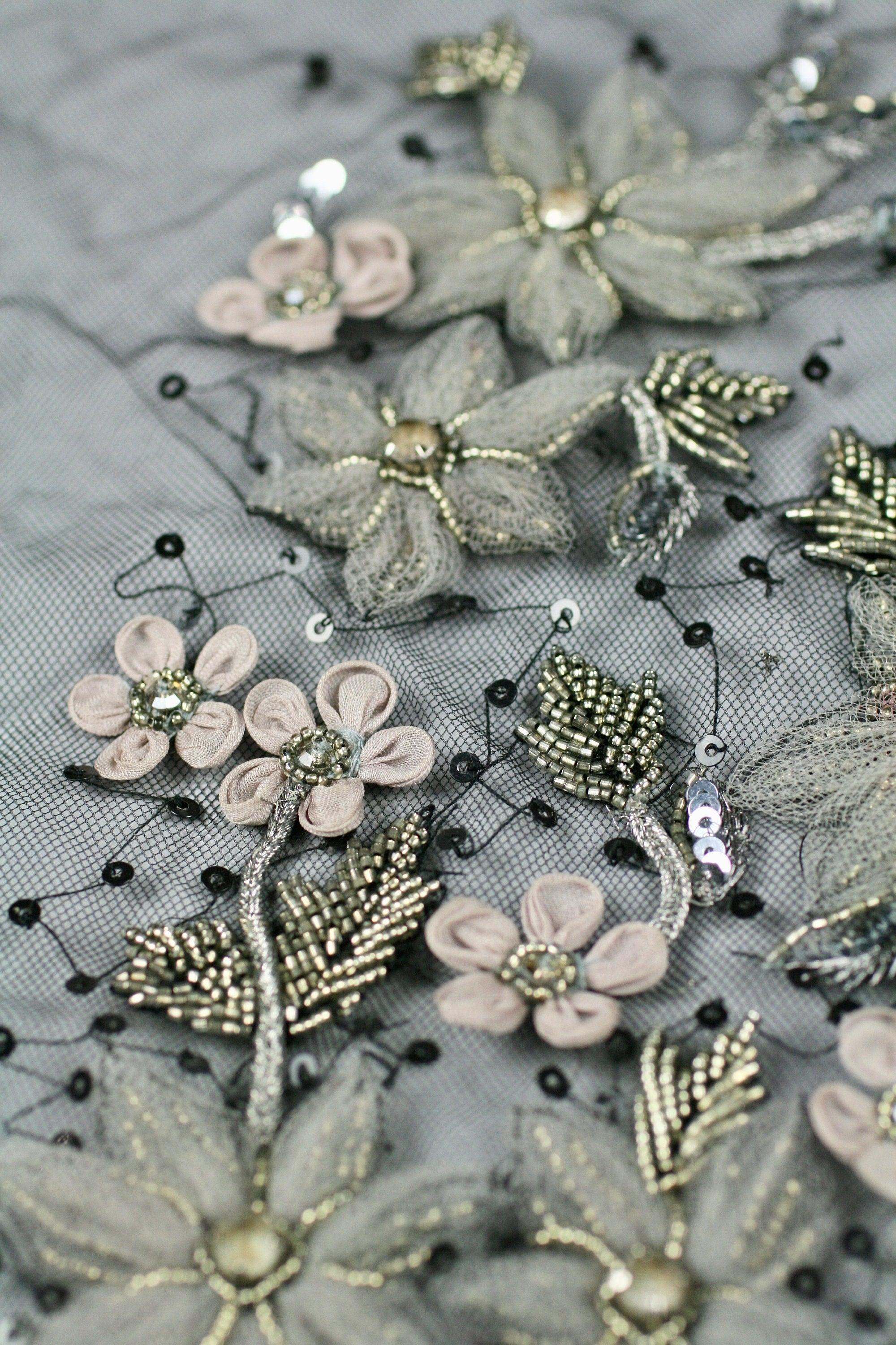 3D Greige & Silver Beaded Applique - Moda Artisans