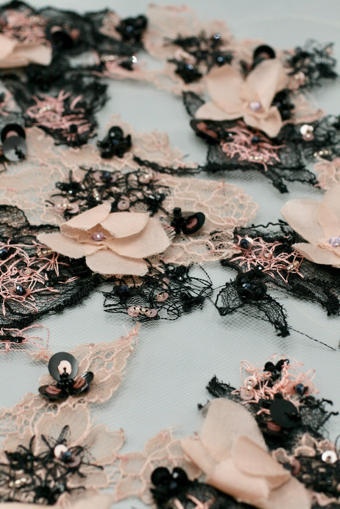 3D Petal Pink and Black Lace Applique