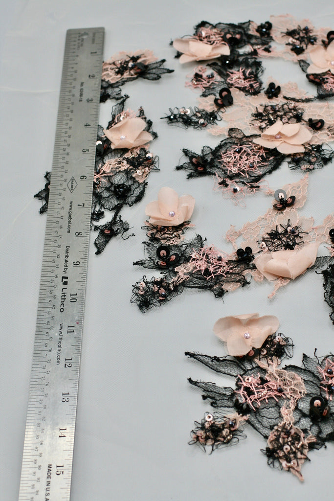3D Petal Pink and Black Lace Applique