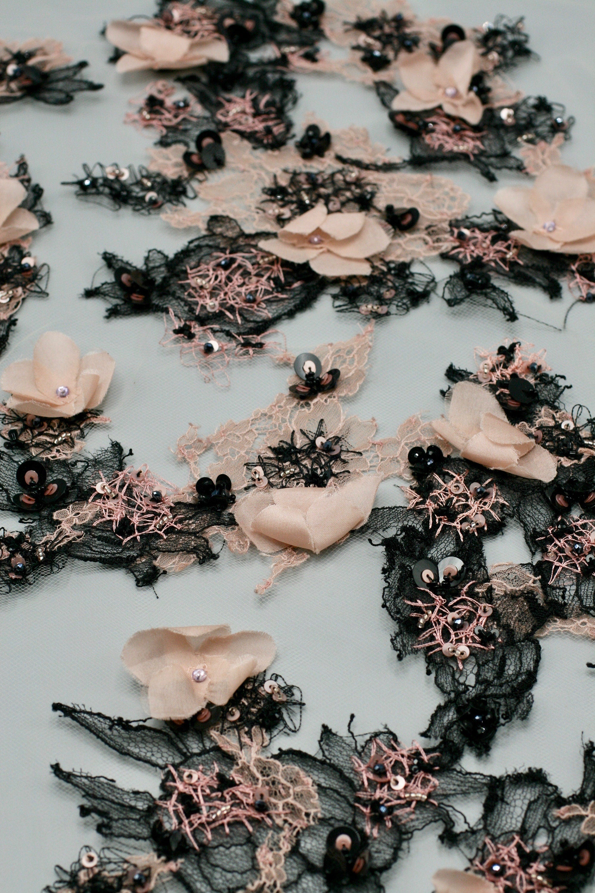 3D Petal Pink and Black Lace Applique