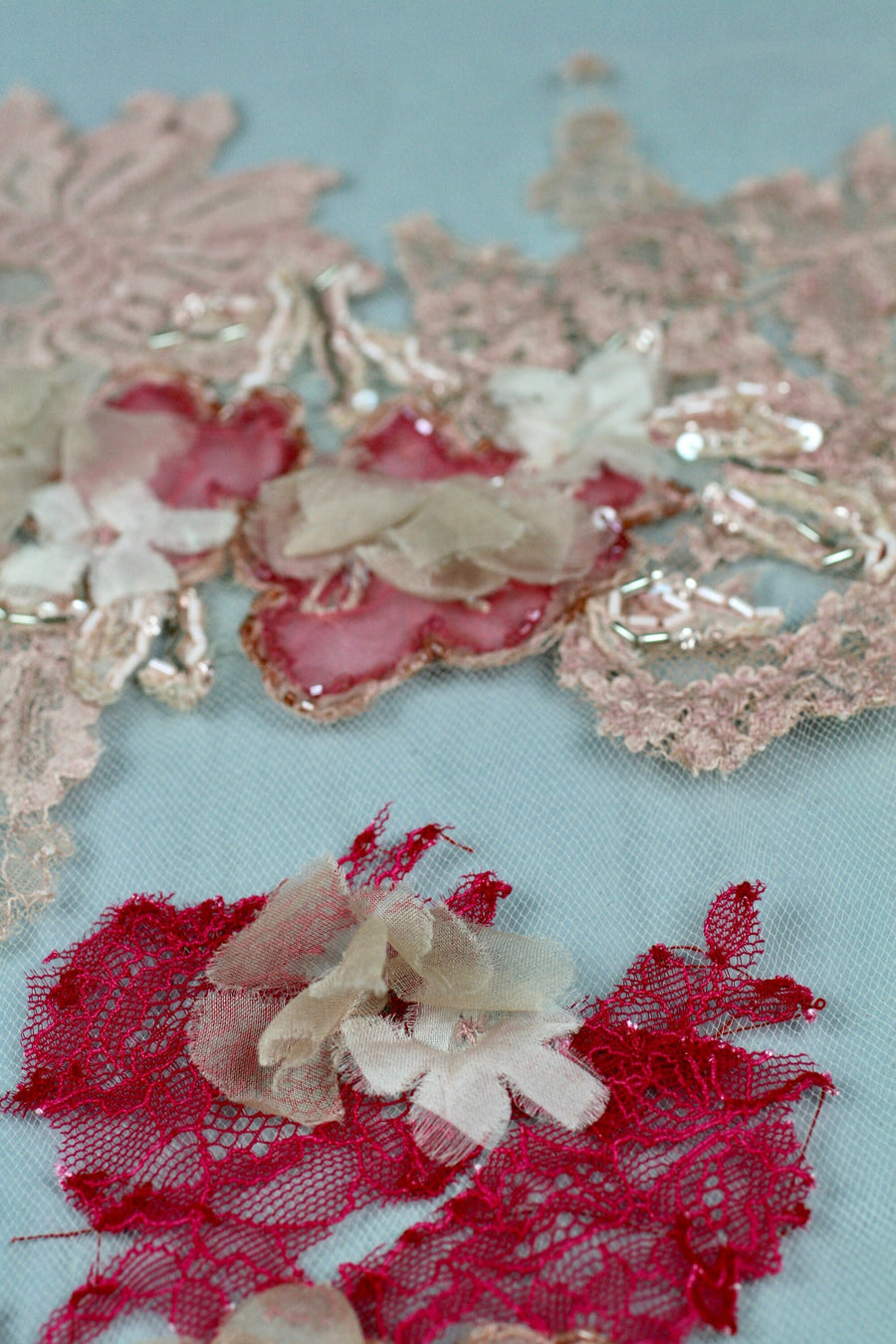 Red Lace Fabric - Floral Beaded Panel - Floral Tulle Lace - Beaded Bodice Applique - Floral Trim Applique - Beaded Trim Applique