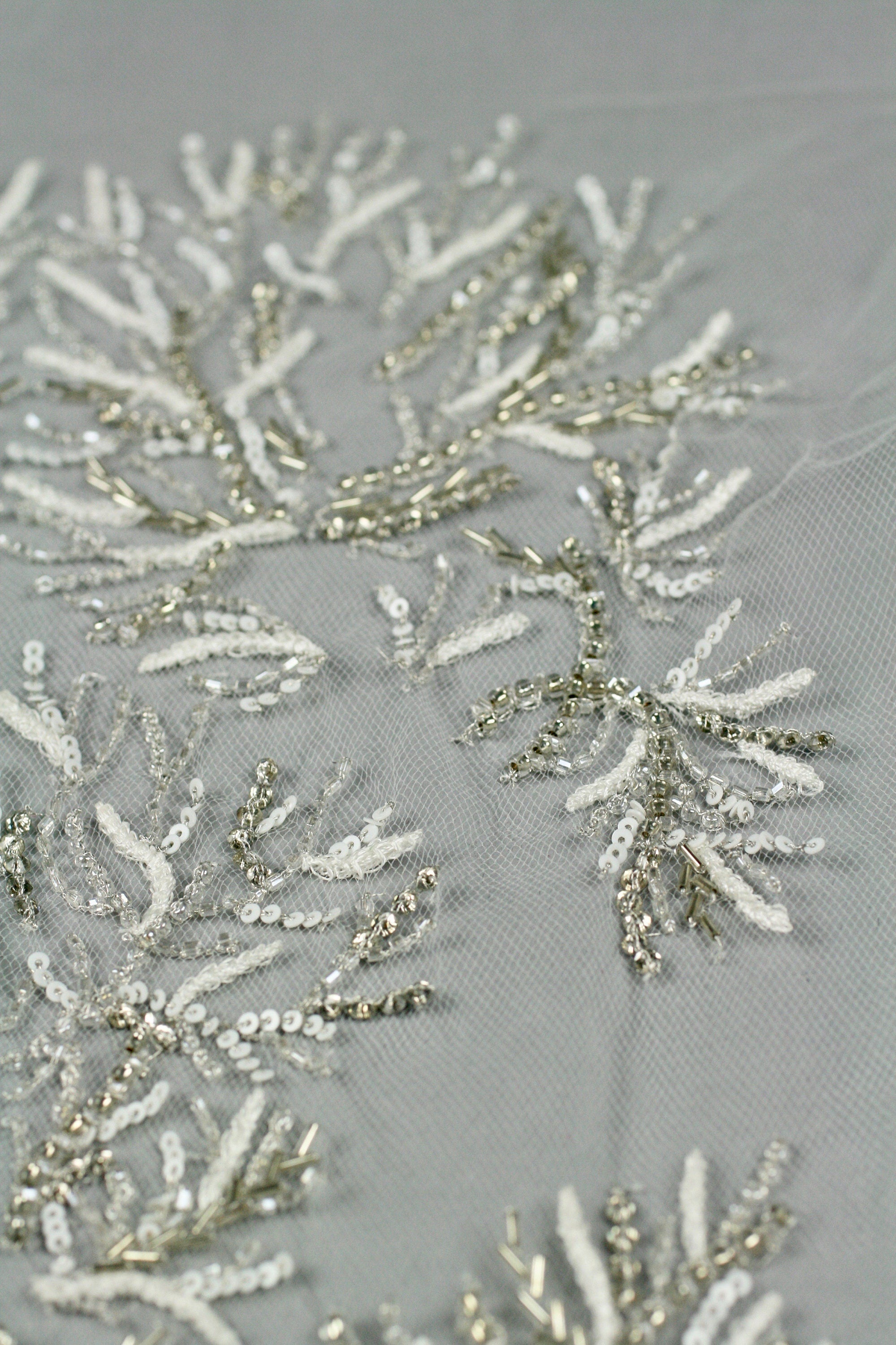 3D White Sequin Silver Beaded Applique