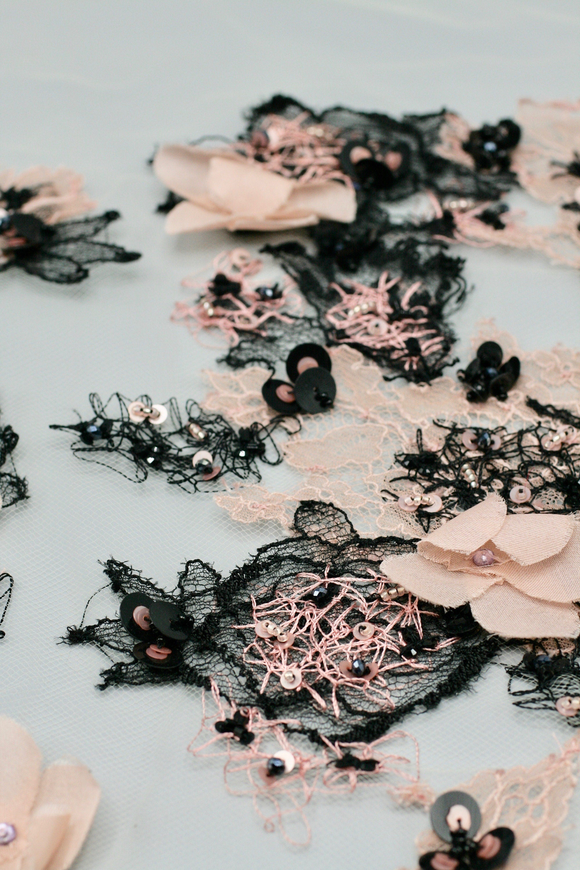 3D Petal Pink and Black Lace Applique