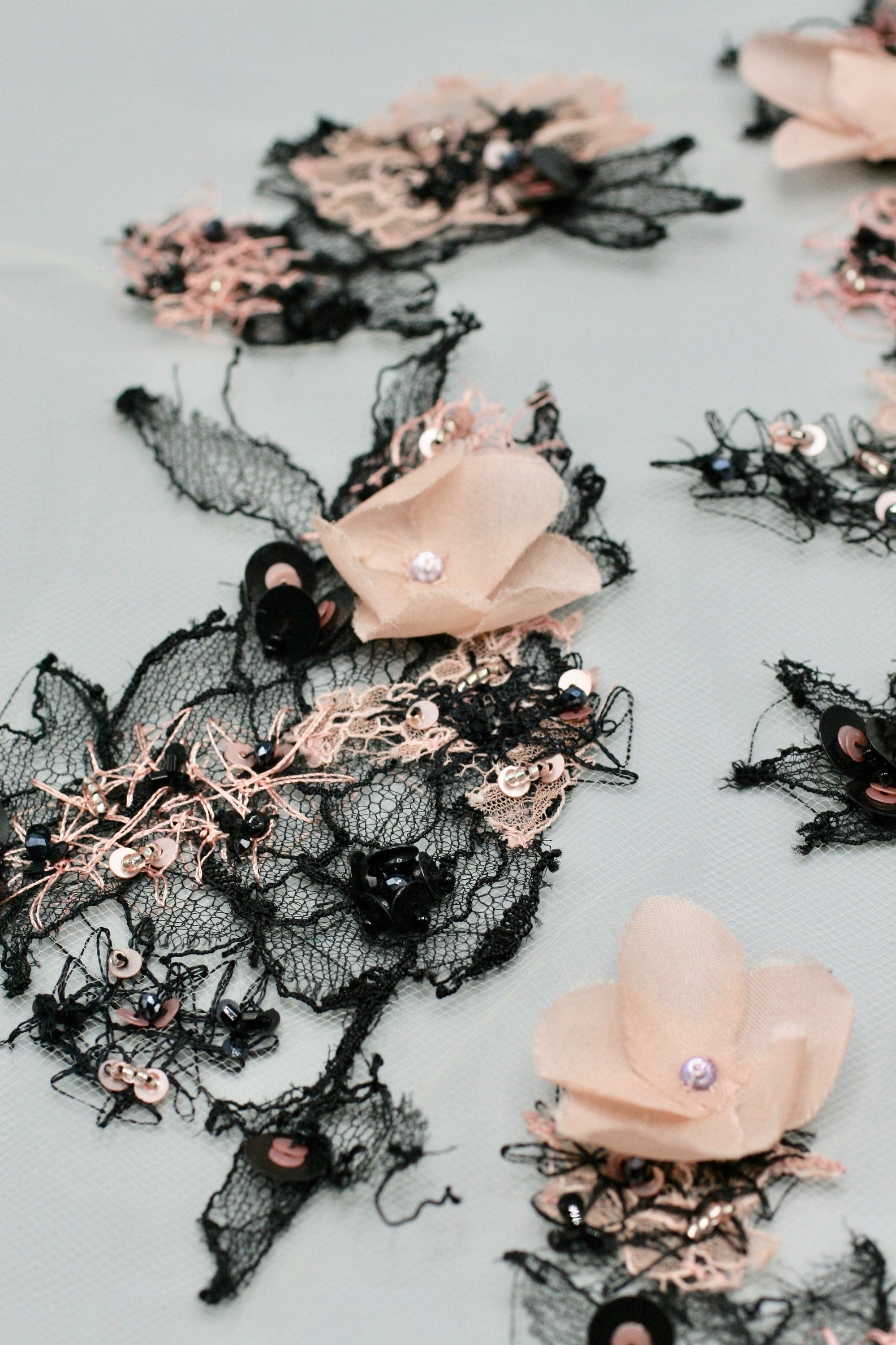3D Petal Pink and Black Lace Applique