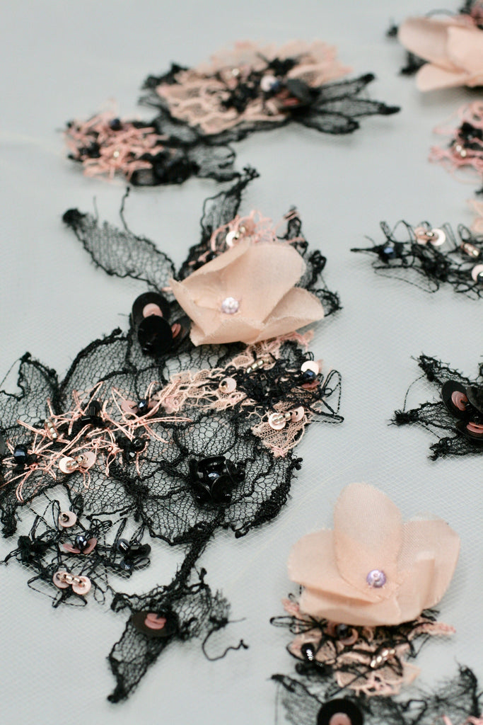 3D Petal Pink and Black Lace Applique