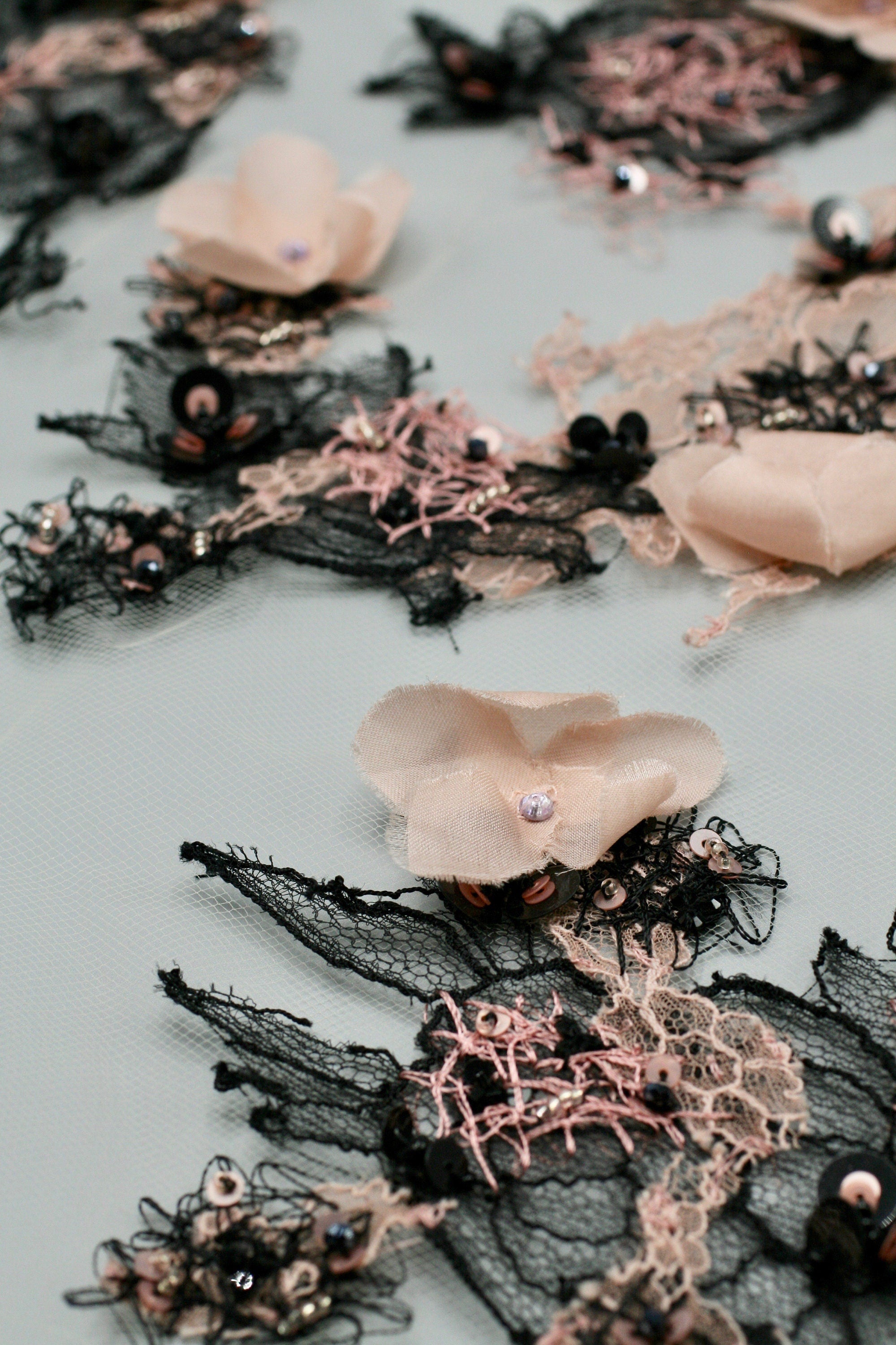 3D Petal Pink and Black Lace Applique