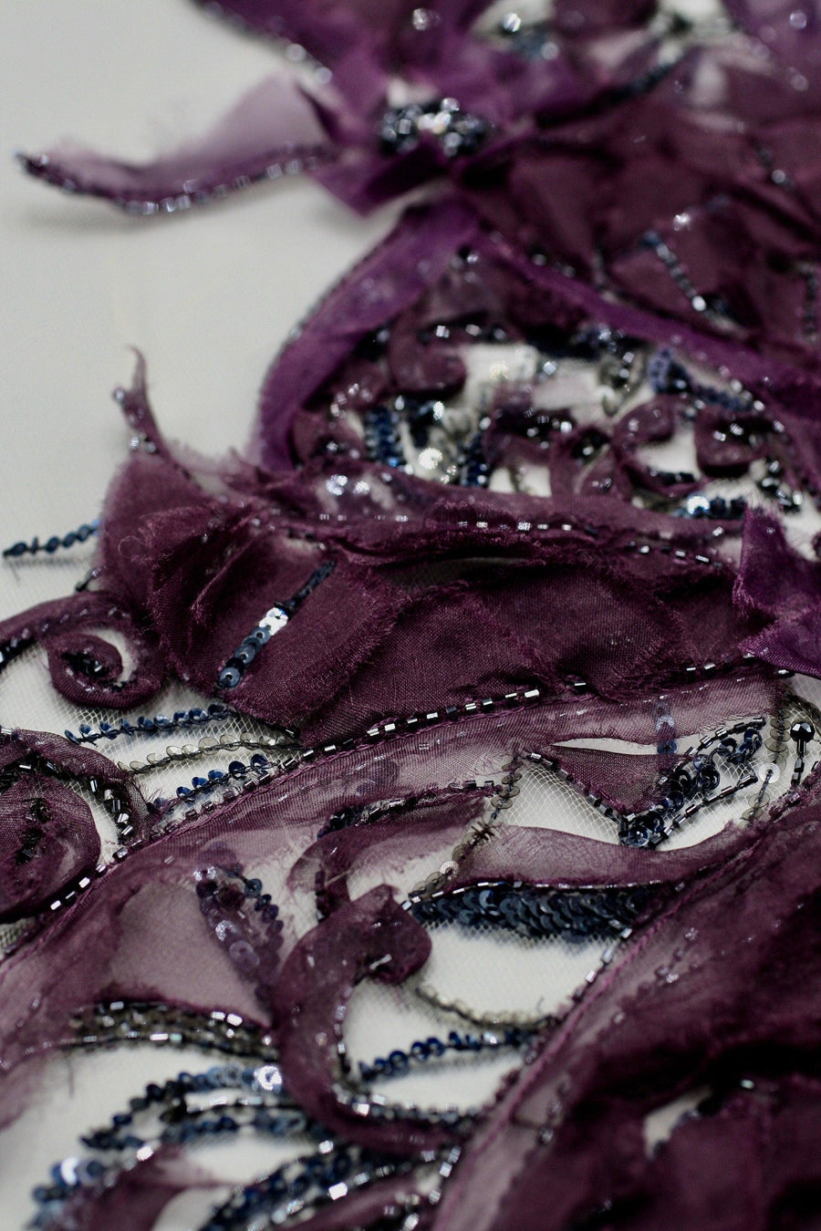 Organza Ruffles Custom Handmade Beaded panel used as Beaded Trim, Embroidered Tulle, Beaded Applique, Haute Couture Fabric