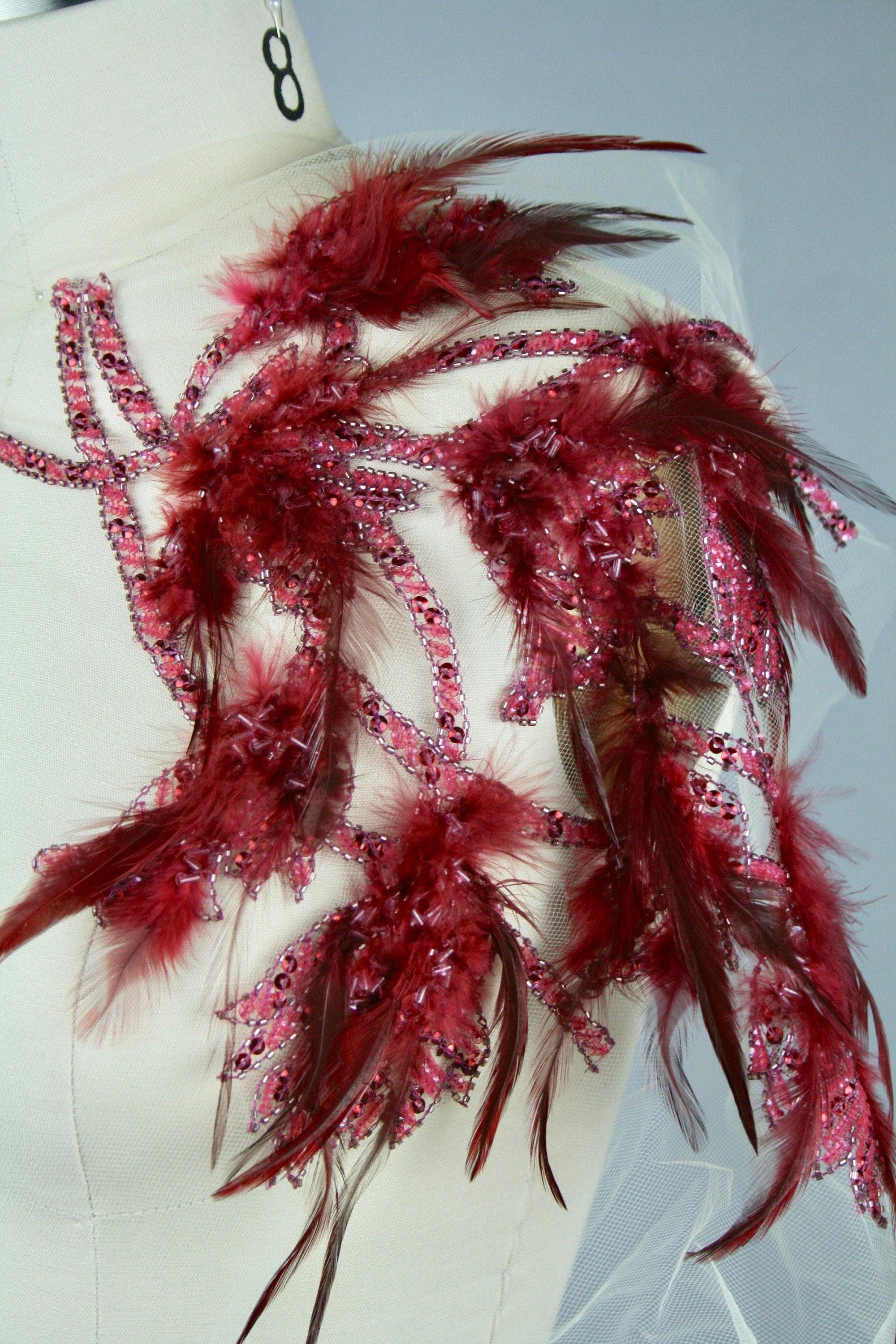 3D Dark Siam Feather Beaded Applique - Moda Artisans