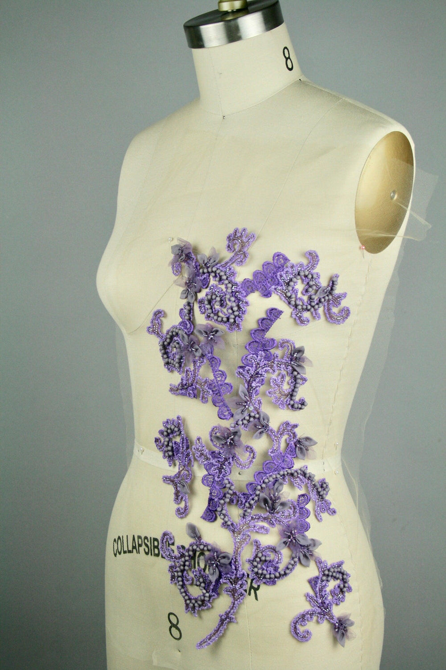 Custom Handmade Beaded Applique Beading Panel with Silk Wrapped Pearls, hand folded Silk Petals and Embroidered Lace