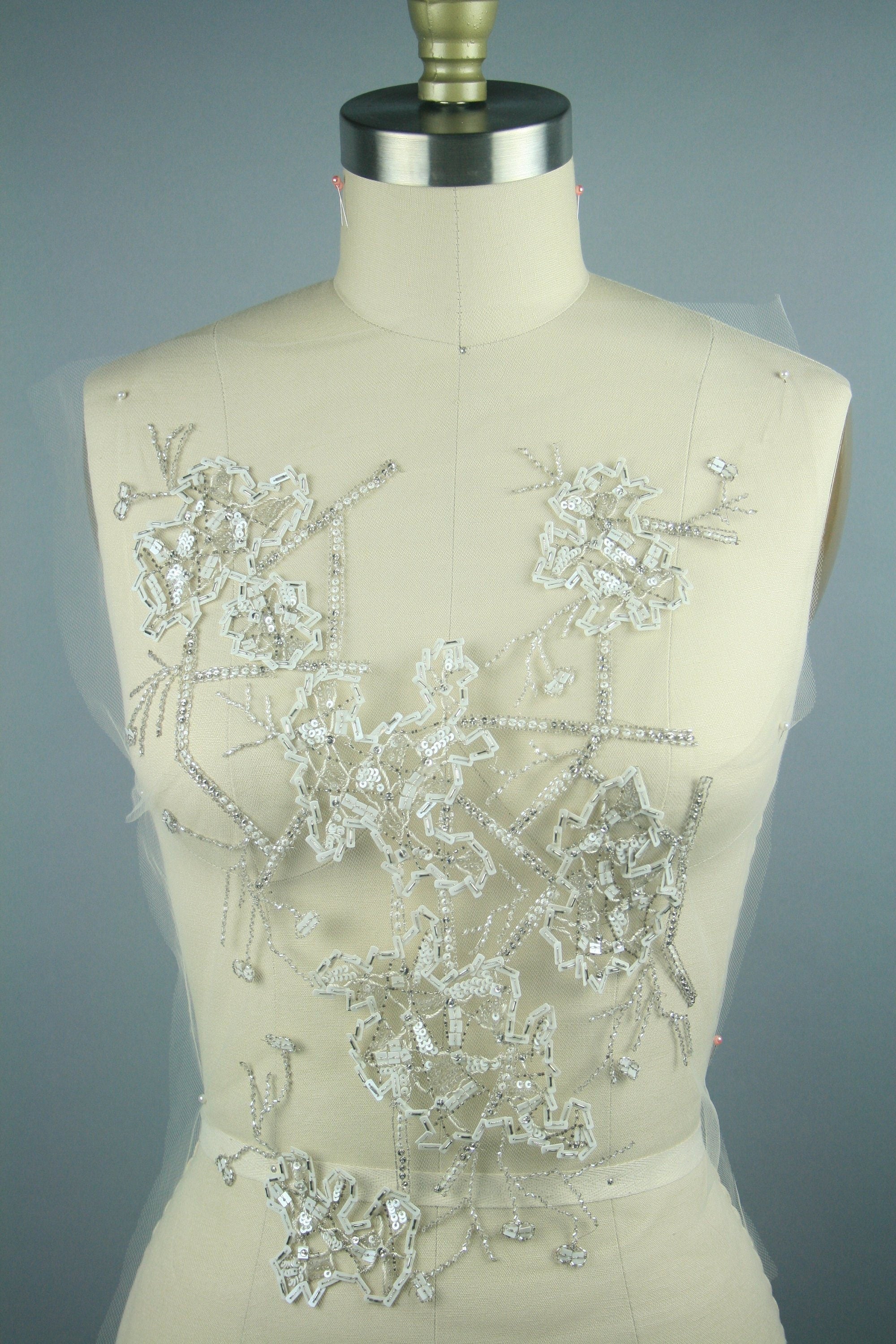 3D Silver & White Beaded Applique