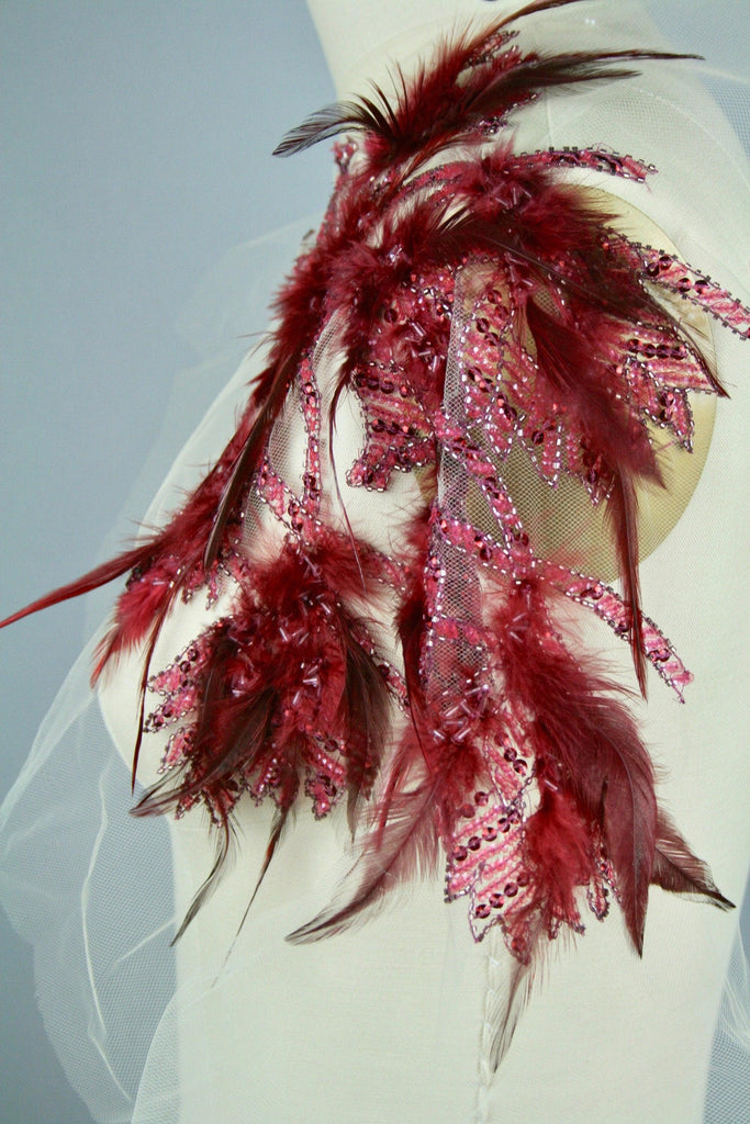 3D Dark Siam Feather Beaded Applique - Moda Artisans