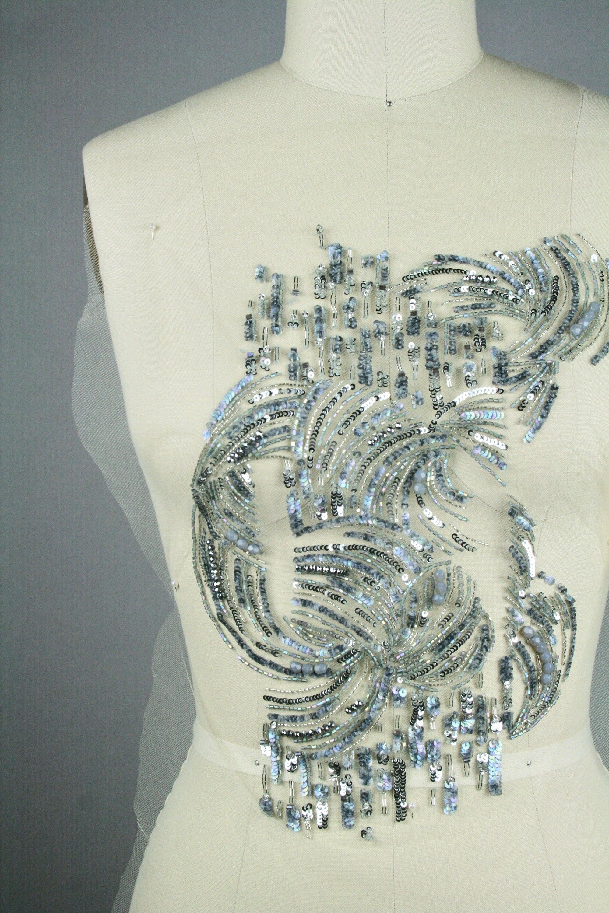 3D Light Catching Silver Beaded Applique Panel - Moda Artisans