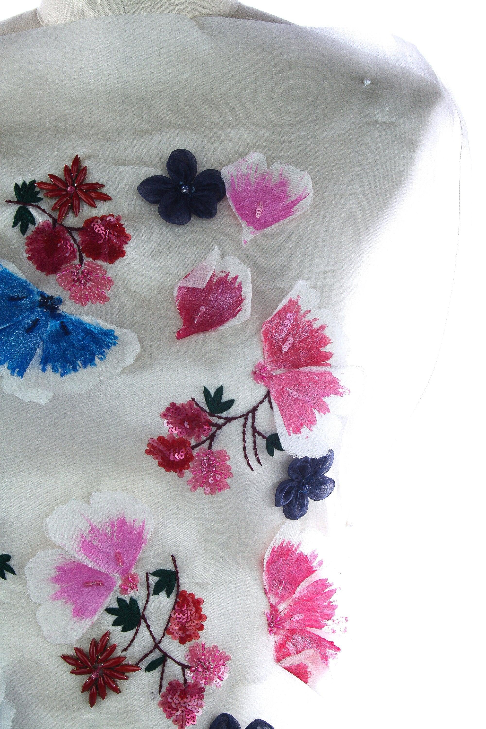 tbd - 3D Fuchsia & Sapphire Silk Floral Beaded Applique - Moda Artisans