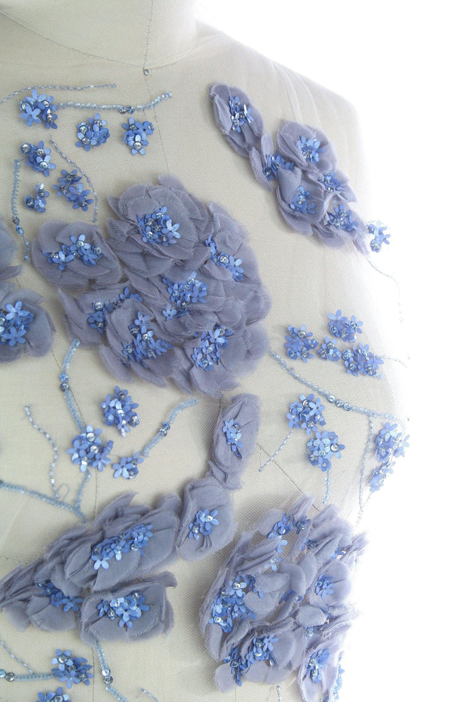 3D Hues of Blue Silk Beaded Applique - Moda Artisans