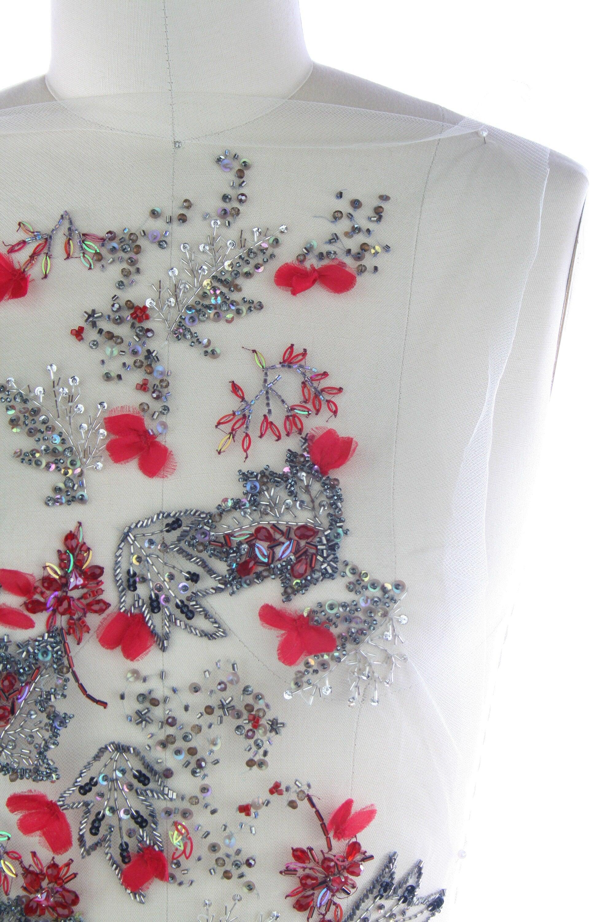 3D Cherry Red & Antique Silver Floral Applique - Moda Artisans