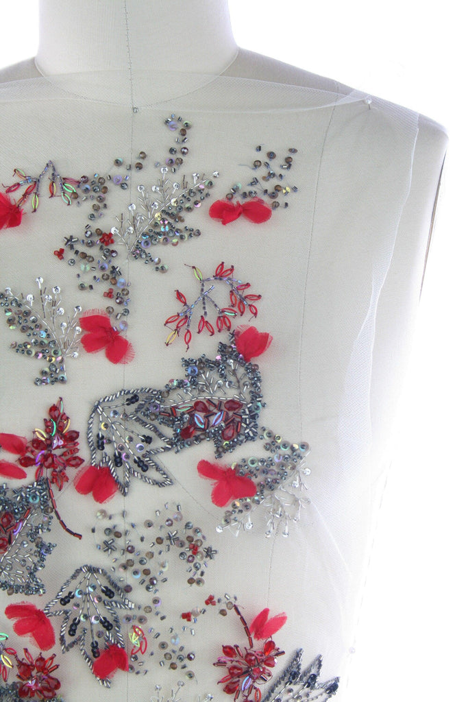 3D Cherry Red & Antique Silver Floral Applique - Moda Artisans