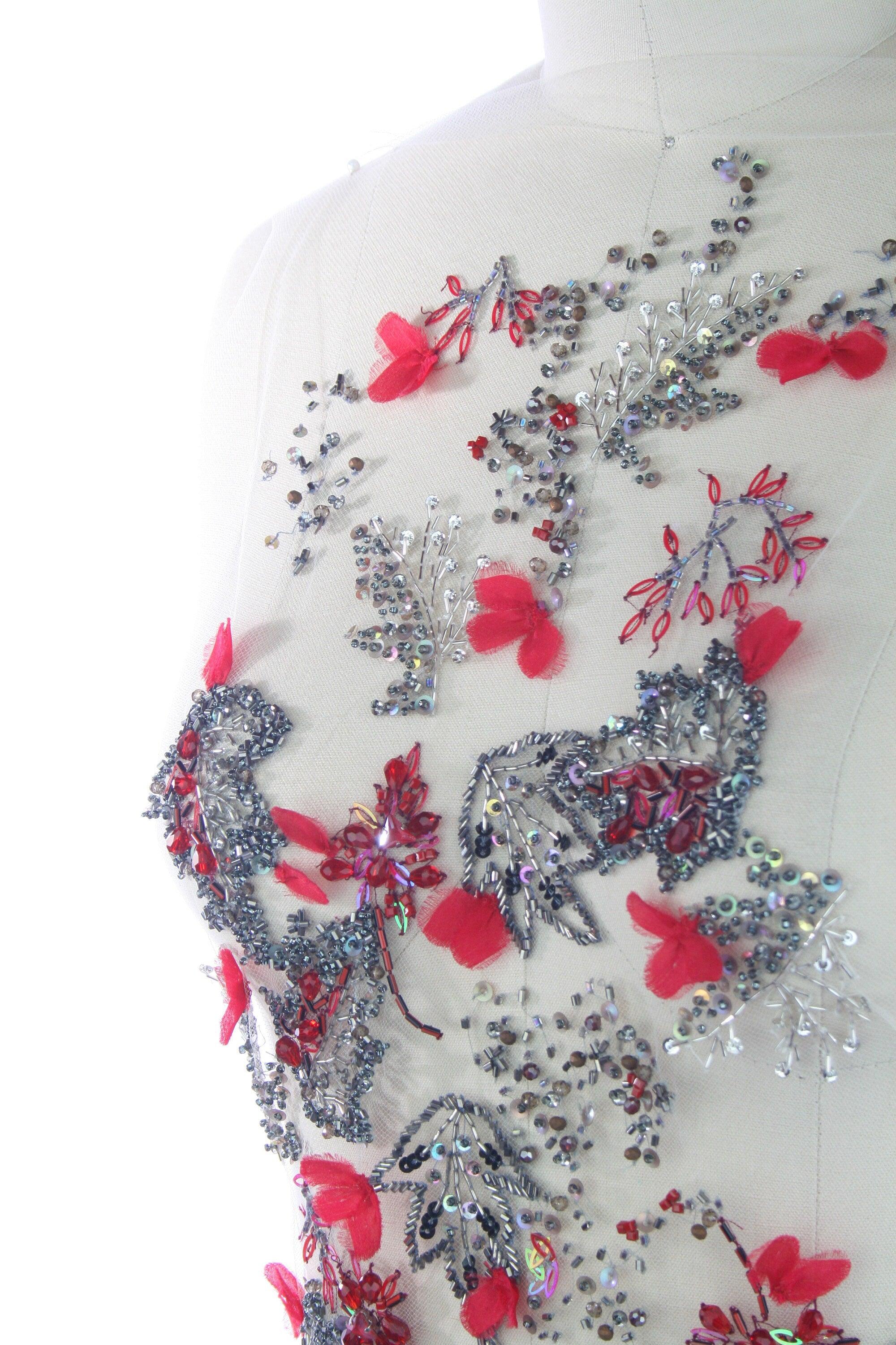 3D Cherry Red & Antique Silver Floral Applique - Moda Artisans