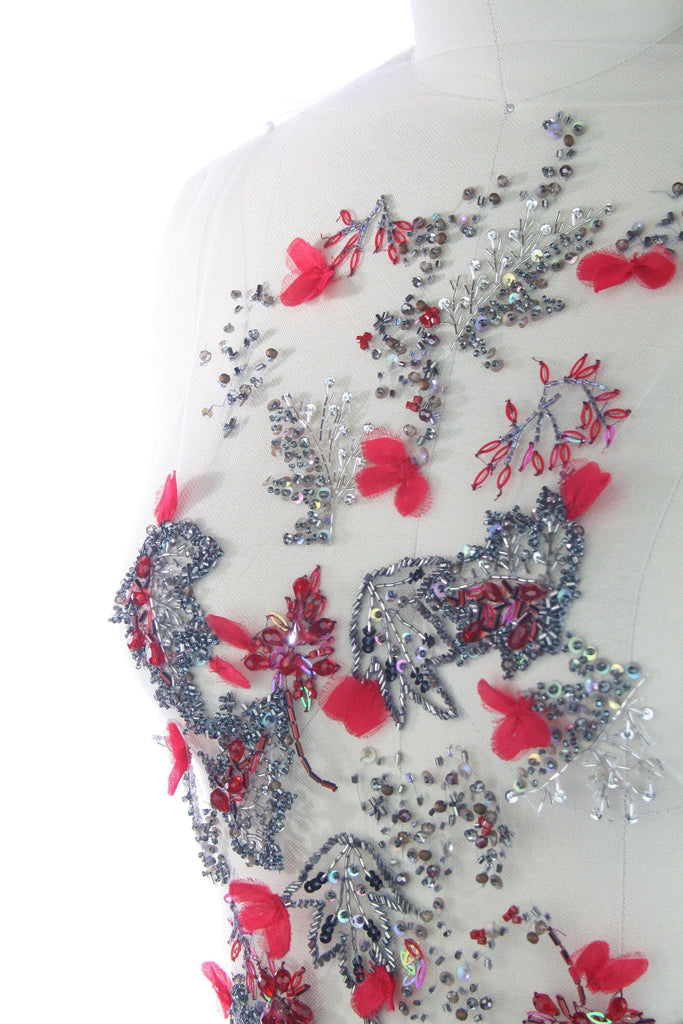 3D Cherry Red & Antique Silver Floral Applique - Moda Artisans