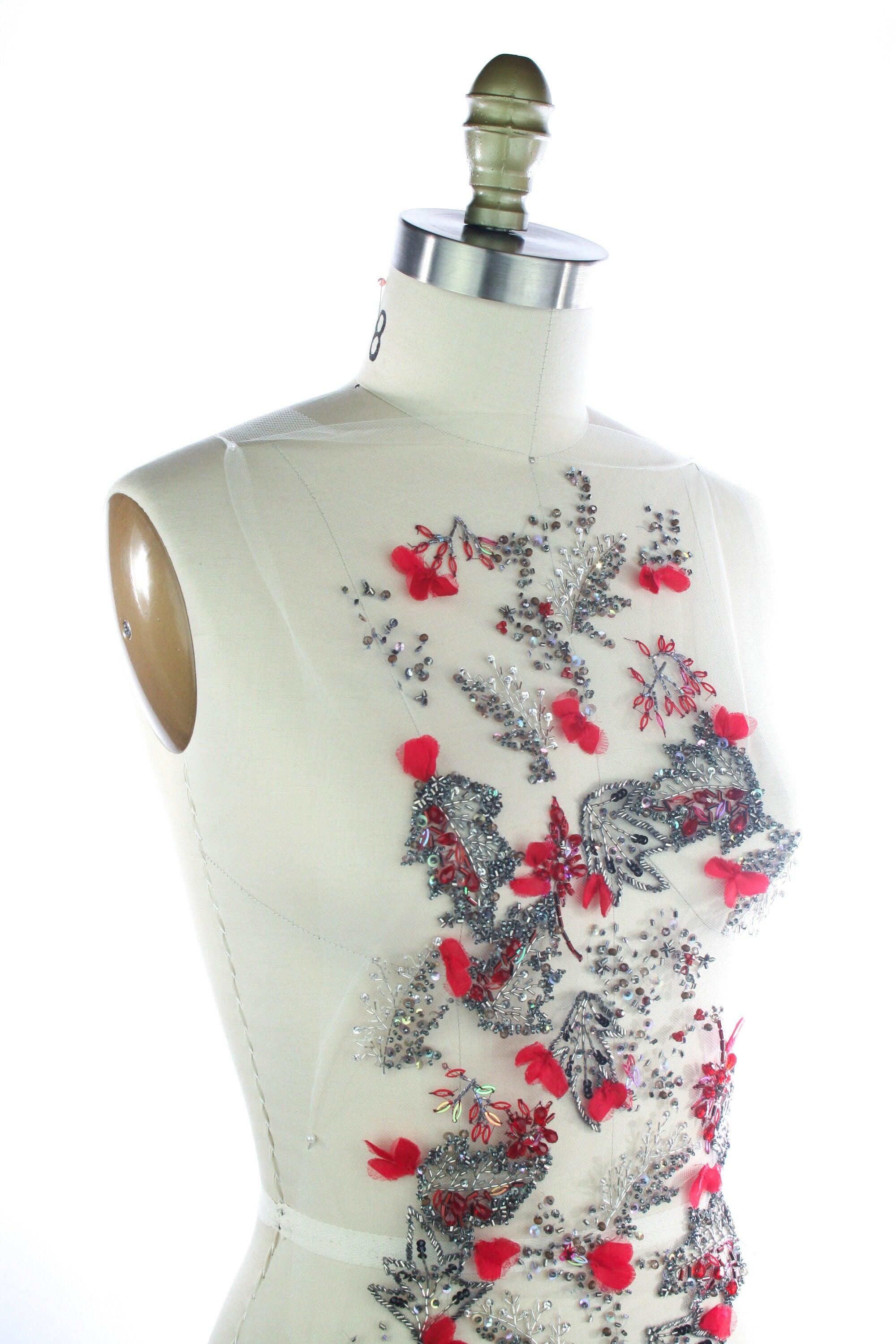 3D Cherry Red & Antique Silver Floral Applique - Moda Artisans