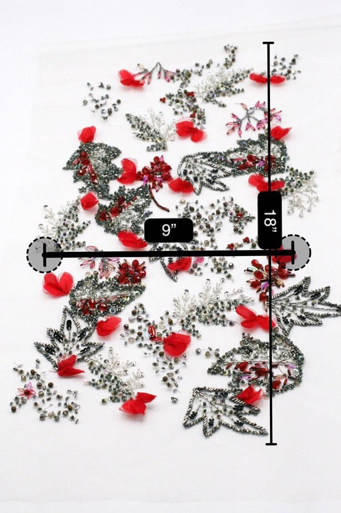 3D Cherry Red & Antique Silver Floral Applique - Moda Artisans