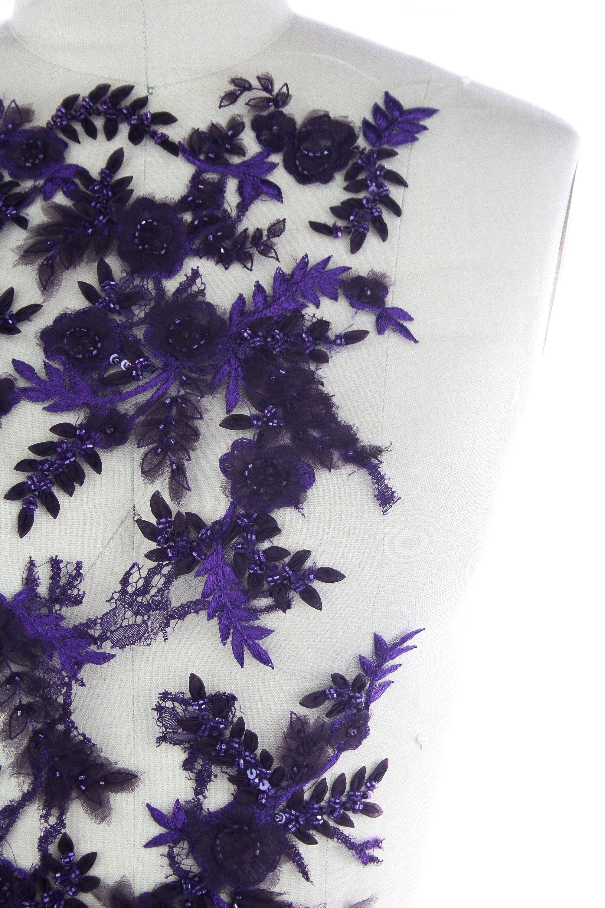 A117 - Violet Floral Chantilly Lace Applique - Moda Artisans
