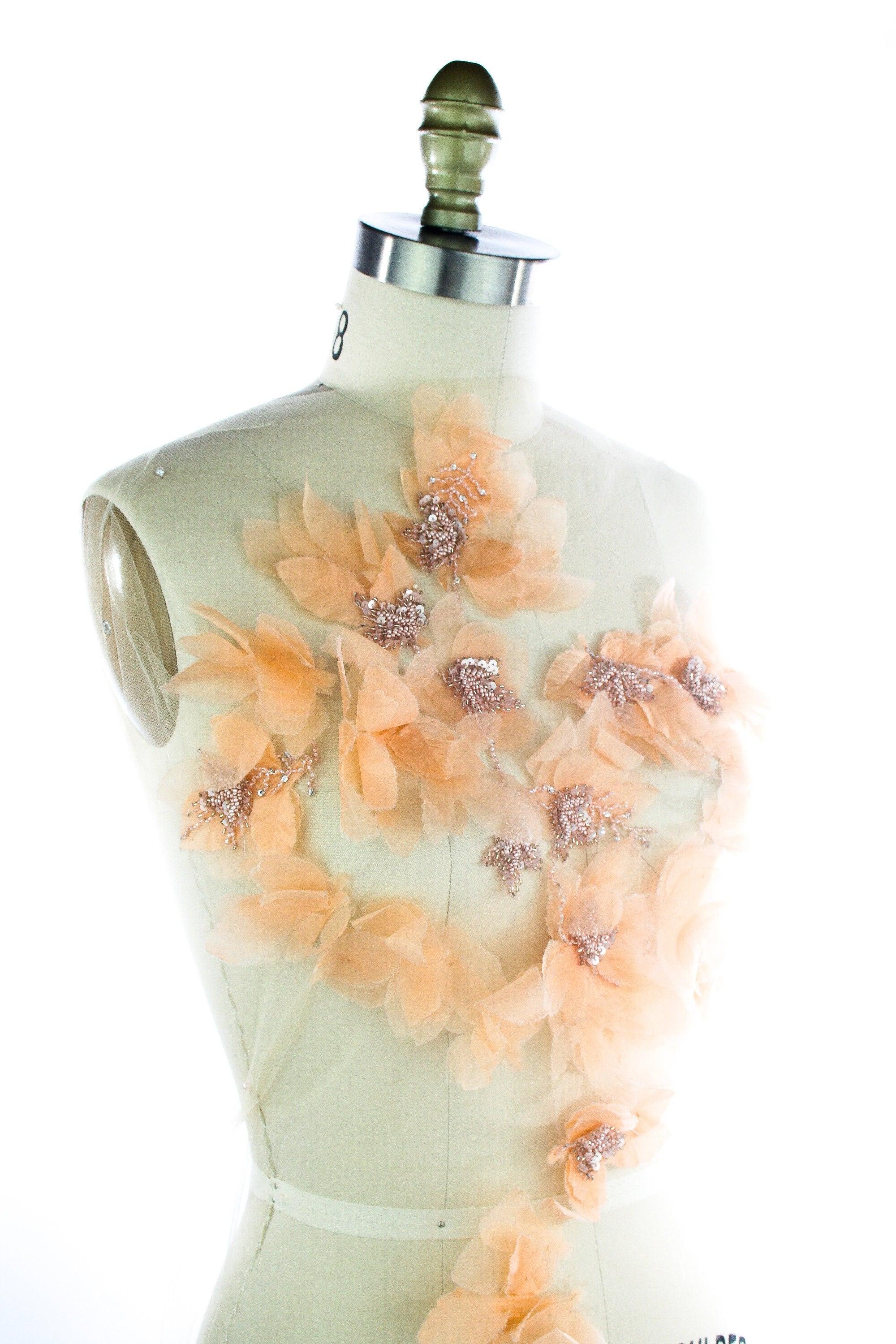A133 - Soft Peach Silk Chiffon Floral Applique - Moda Artisans