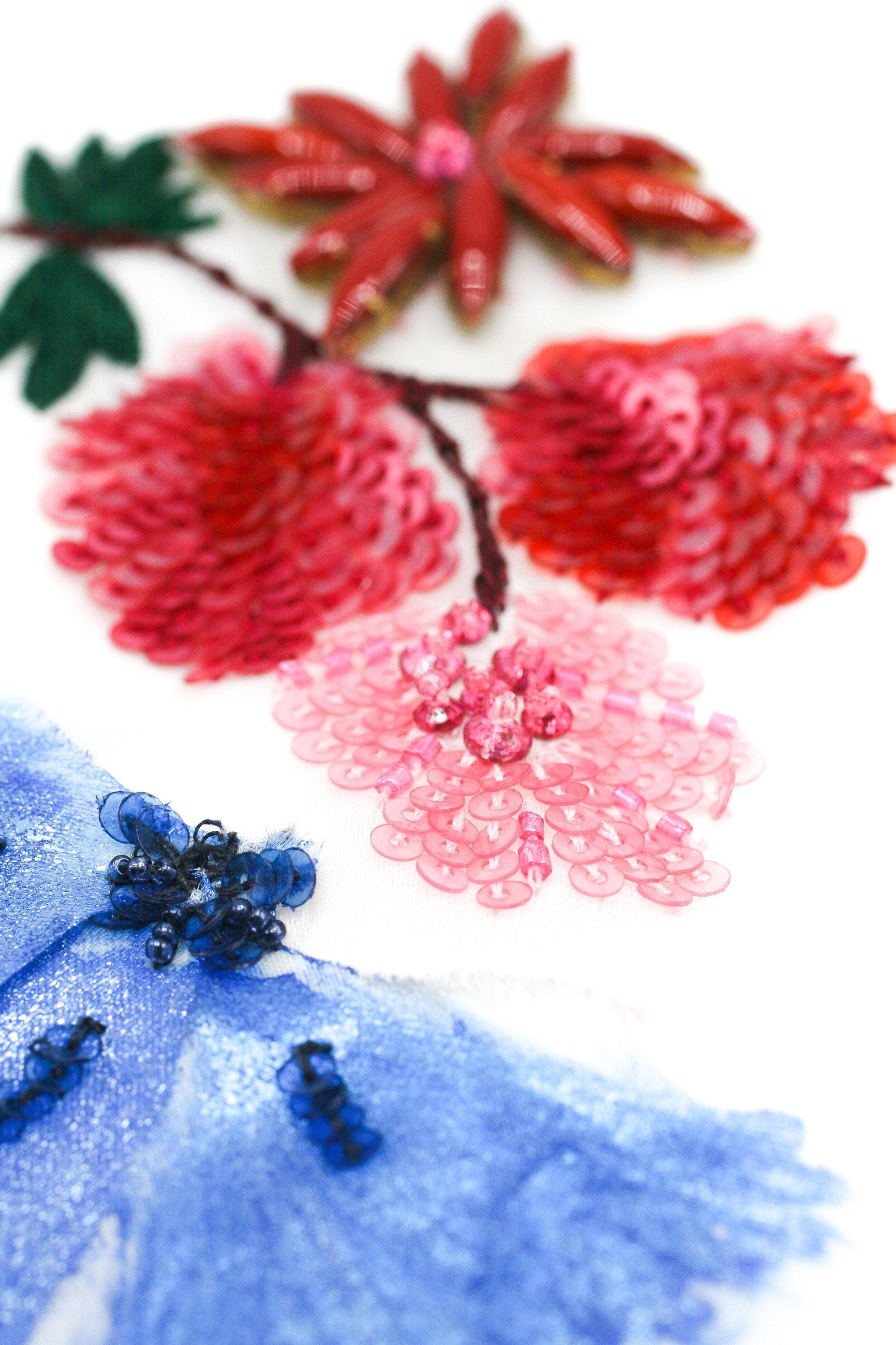 tbd - 3D Fuchsia & Sapphire Silk Floral Beaded Applique - Moda Artisans