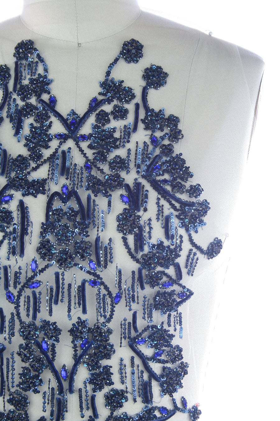 Blue beaded fabric with blue  rhinestones,haute couture fabric,Luxury Dress fabric
