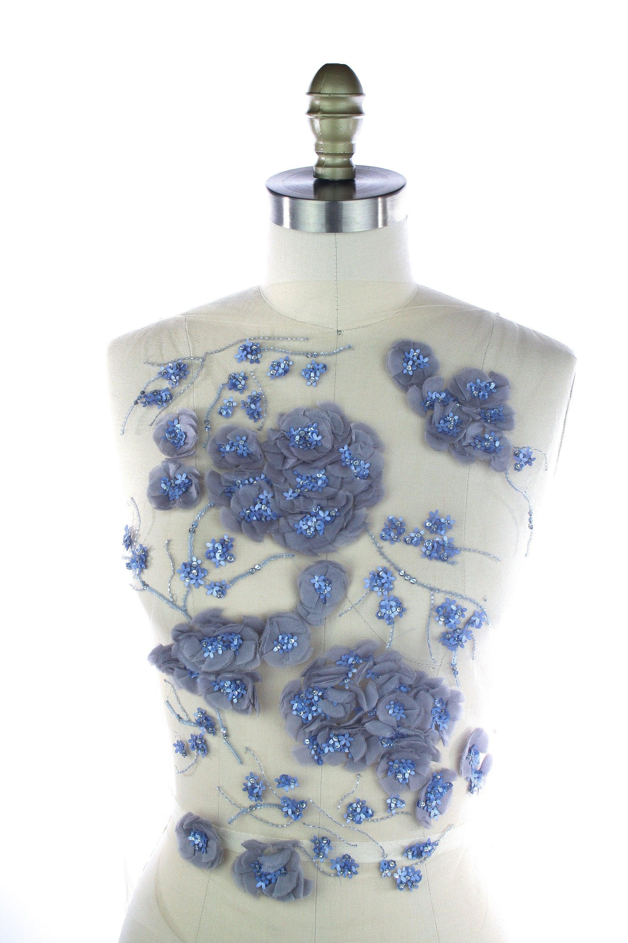 3D Hues of Blue Silk Beaded Applique - Moda Artisans