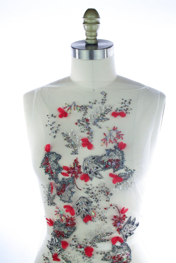 3D Cherry Red & Antique Silver Floral Applique - Moda Artisans