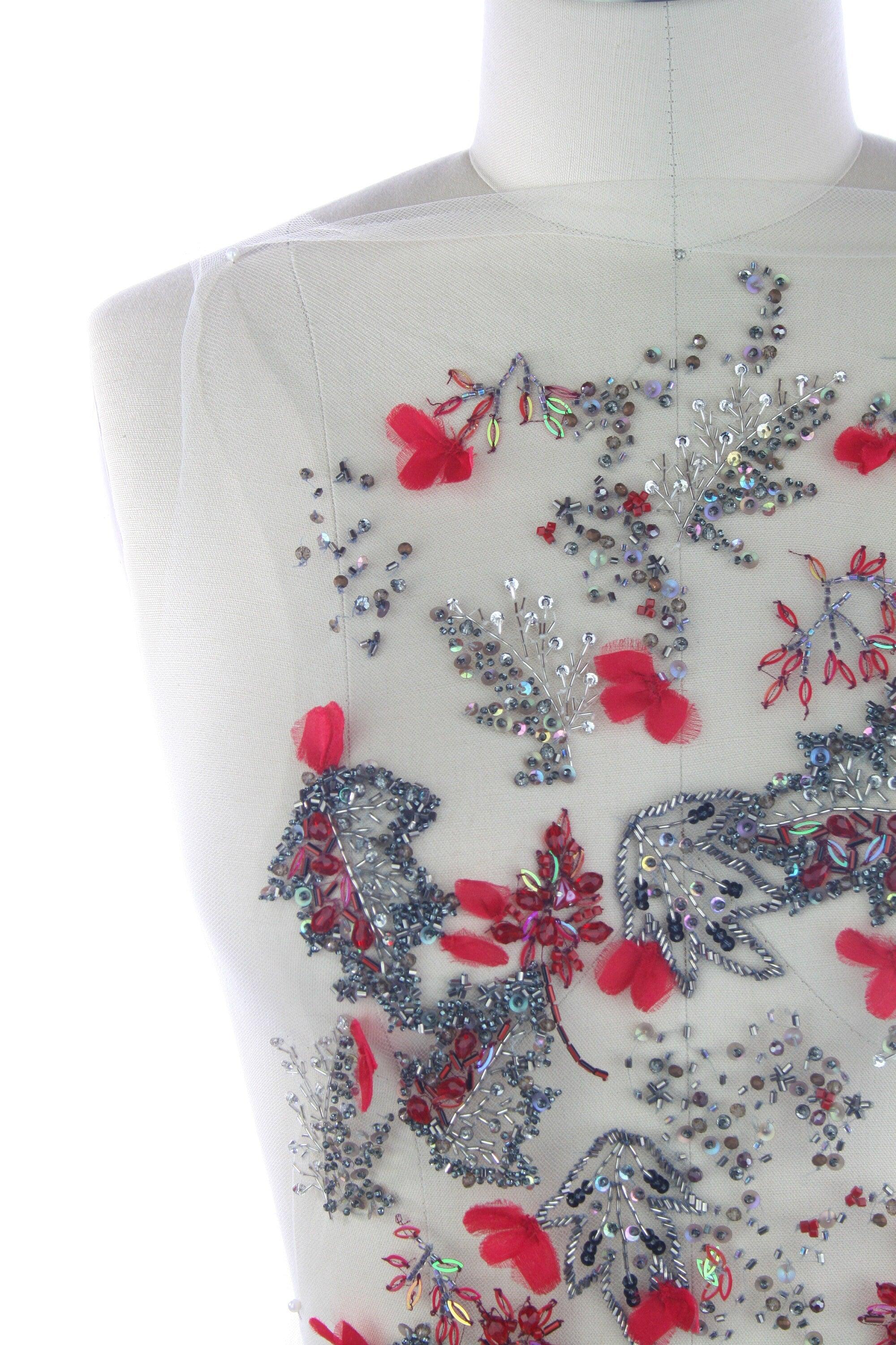 3D Cherry Red & Antique Silver Floral Applique - Moda Artisans